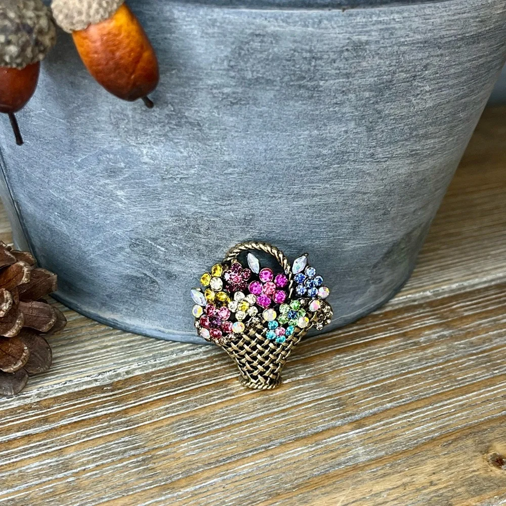 Colorful Vintage-inspired Rhinestone Flower Basket Brooch.
